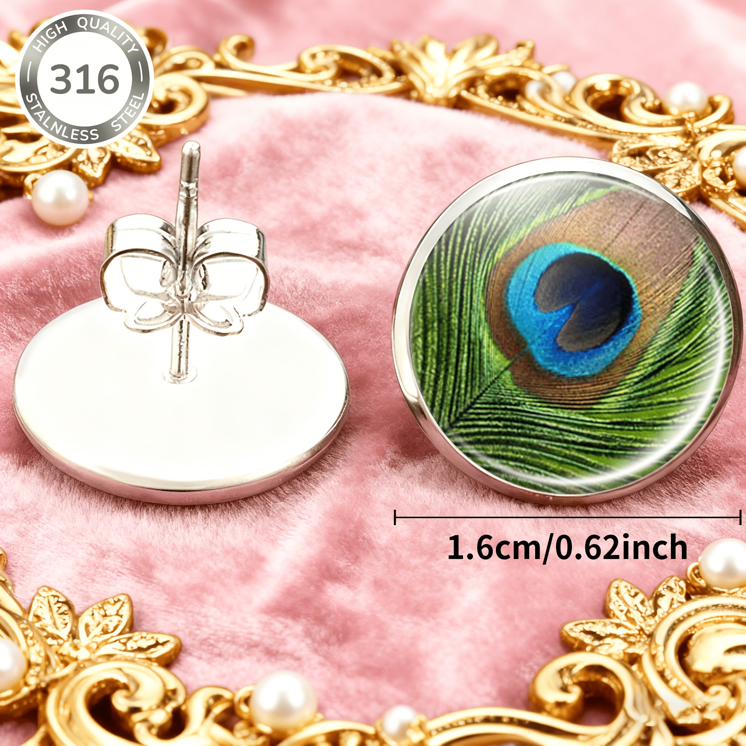 2pcs Set of Peacock Feather Round No-Piercing Ear Studs